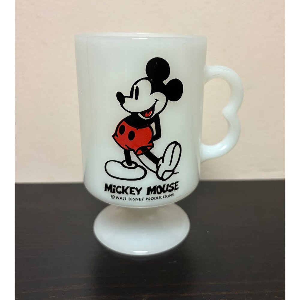 Vintage Walt Disney Productions Mickey Mouse Milk Glass Pedestal Mug Cartoon Des